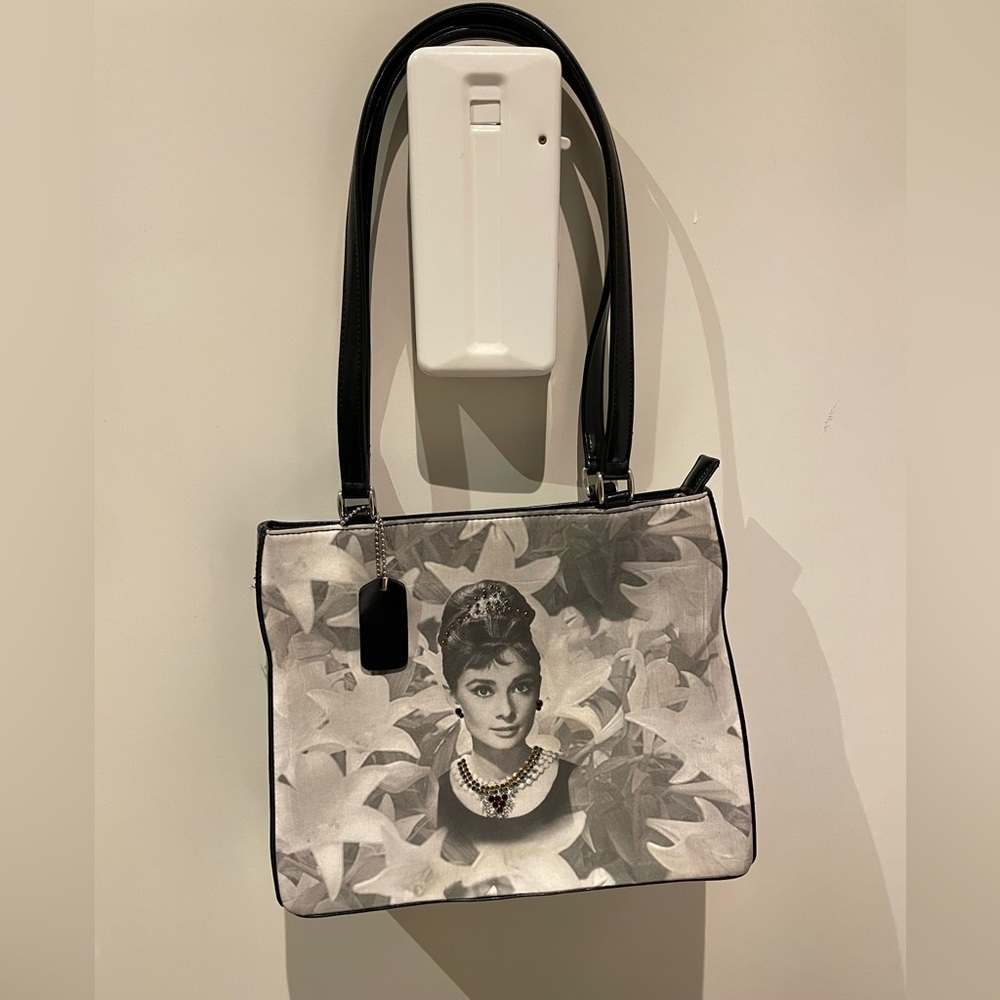 Audrey Hepburn purse - black, white and sepia image with jewels on one side